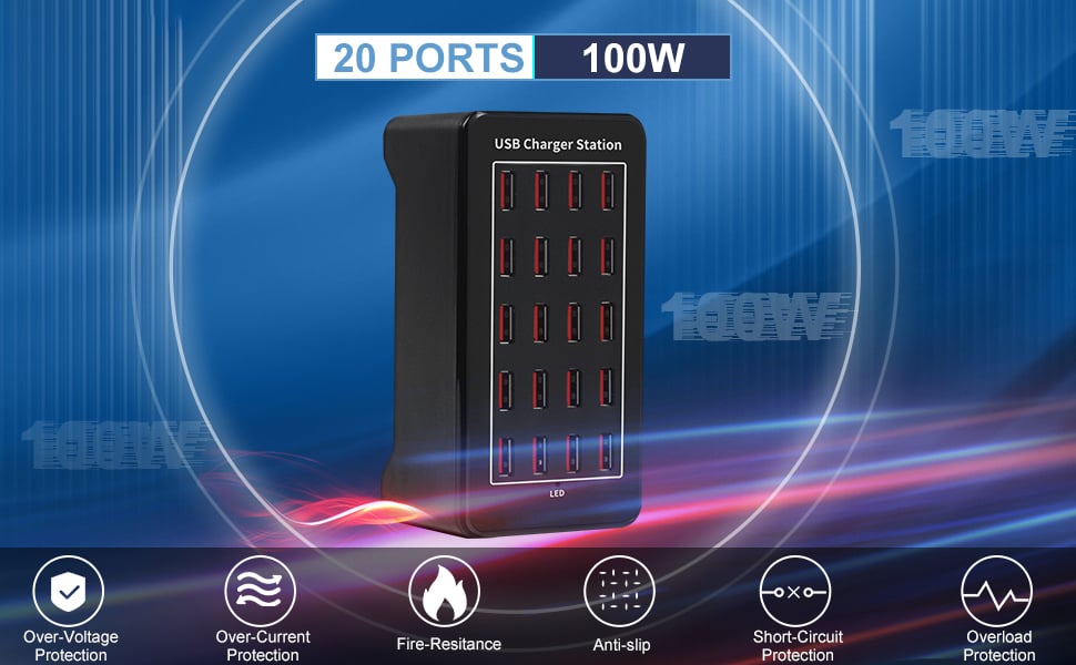 20 Port 100W(20A) Multiport USB Charging Station for Multiple Devices,  RISWOJOR Multi Port USB Charger Station with IC Detection for