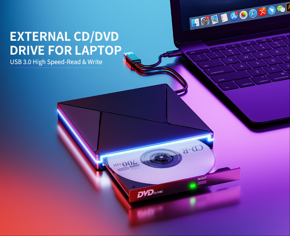 RGB DVD Player for Laptop, External CD DVD Drive for Mac