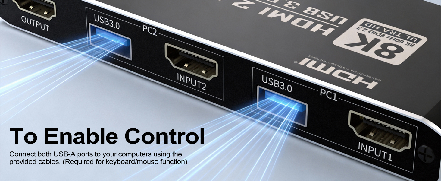 2 Ports HDMI KVM Switch for 1 Monitor 2 Computers, 8K@60Hz 4K@165Hz HDMI KVM Switch 2 in 1 Out