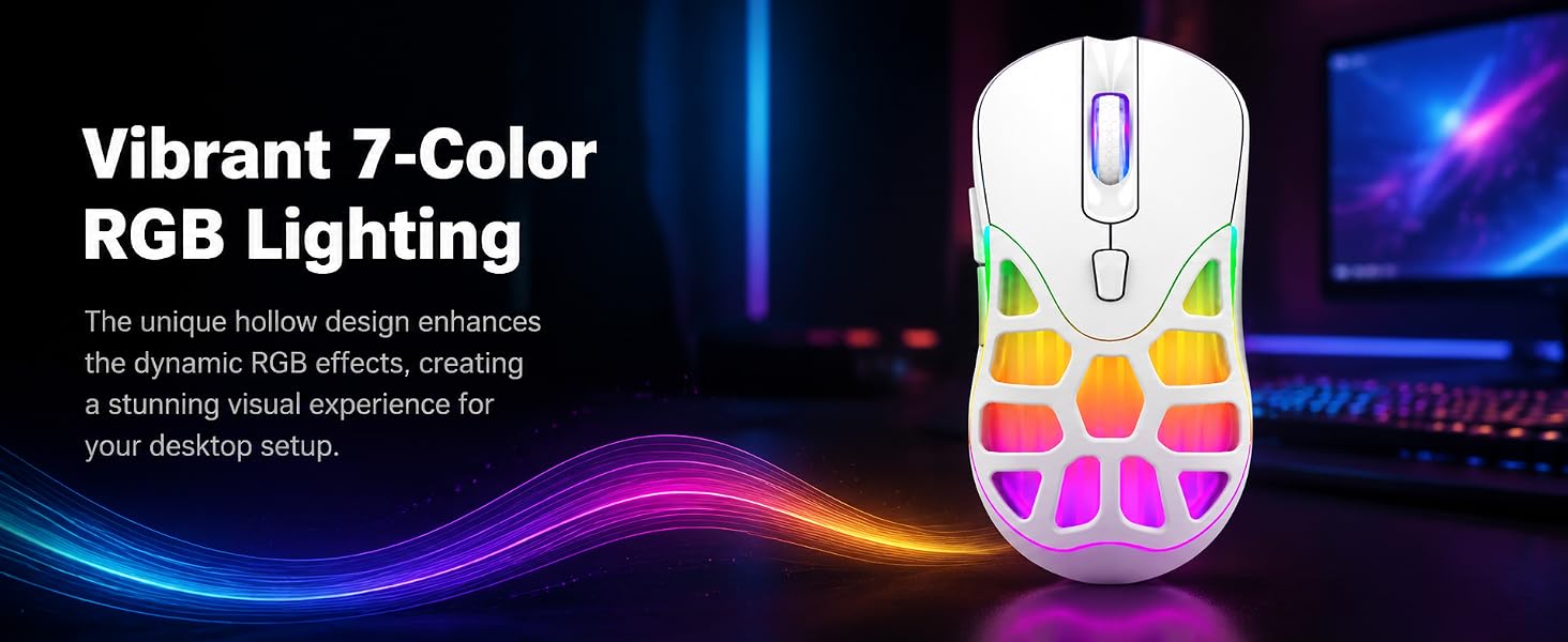 Wireless Gaming Mouse, Bluetooth/2.4G, 6400 DPI, RGB -White | Dual-Mode Bluetooth/2.4G Wireless Mous