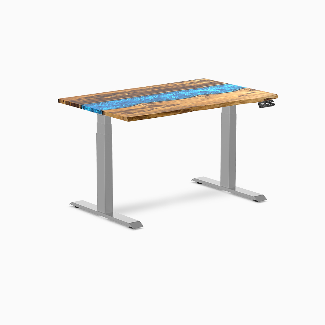 resin river desk, epoxy river desk, standing desk, sit stand desk, height adjustable desk