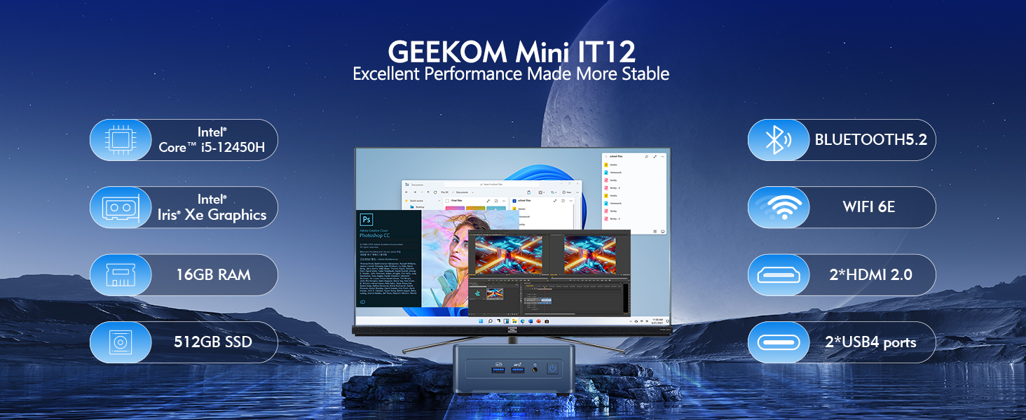 GEEKOM Mini PC Mini IT12, 12th Gen Intel i5-12450H Mini Computers(2  Cores,12 Threads) 16GB DDR4/512GB PCIe Gen 4 SSD Windows 11 Pro Desktop  Computer Support Wi-Fi 6E/Bluetooth 5.2/USB 4.0/2.5G LAN/8K 