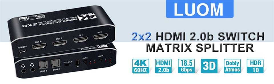 4K HDMI Matrix Switch 3 X 2 ,3 in 2 Out Video Switcher Splitter, 2xOptical  SPDIF