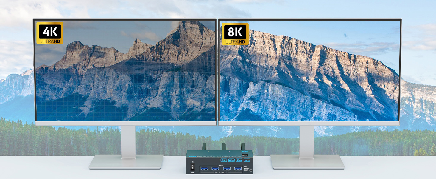 KVM switch 2 computers 2 monitors support resolution up to 7680*4320@60Hz,3840*2160@144Hz and backwa