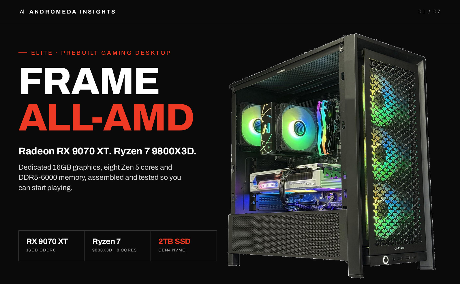 Frame gaming desktop with Radeon RX 9070 XT and Ryzen 7 9800X3D