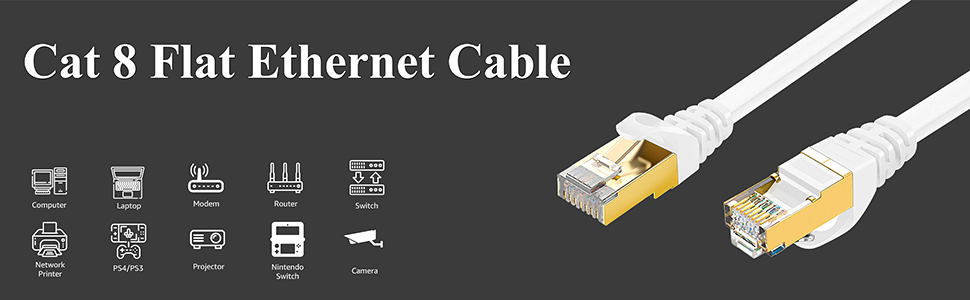 STARNOONTEK Cat 8 Ethernet Cable 3 Ft White Flat 40Gbps High Speed