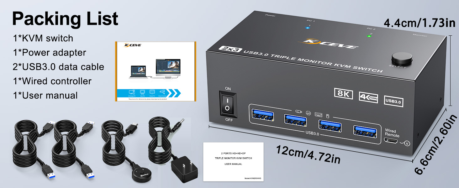 8K@60Hz KVM Switch DP+HDMI 2 Computers Share 3 Monitors and 4 USB Devices