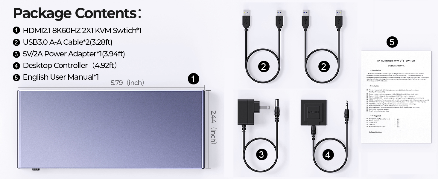 2 Port HDMI KVM Switch 1 Monitor 2 Computers, 8K@60Hz USB 3.0 KVM Switcher with 4 USB Ports