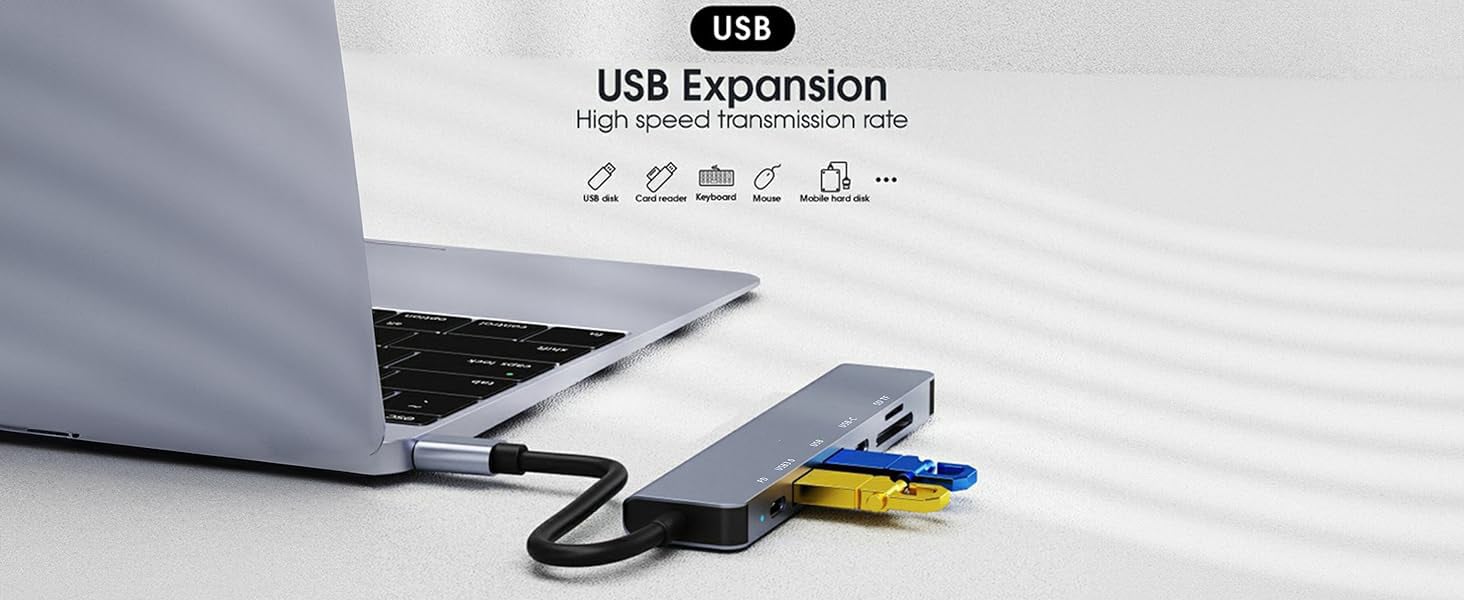 USB C Hub, 7 in 1 USB C Multiport Adapter with 4K HDMI, Type C 87W PD, USB 3.0 5Gbps Data Ports, SD