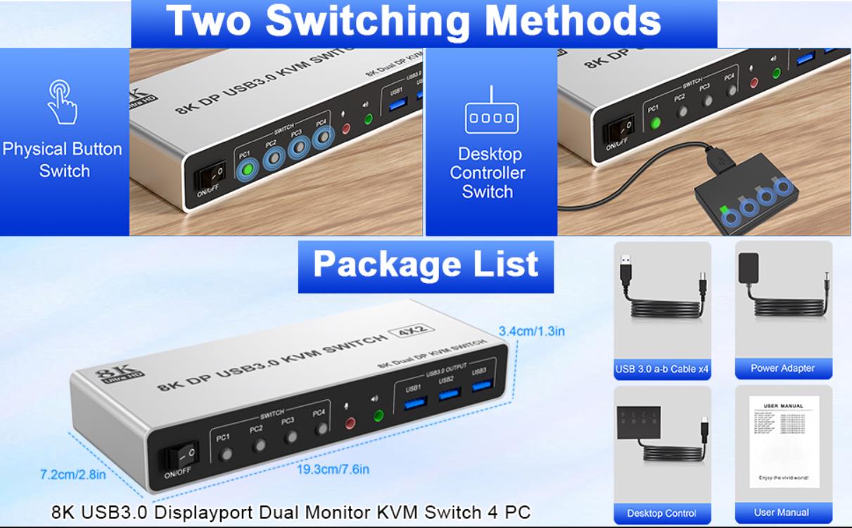 Push-button design allows for one-touch switching using a button on the KVM Switch box, eliminating