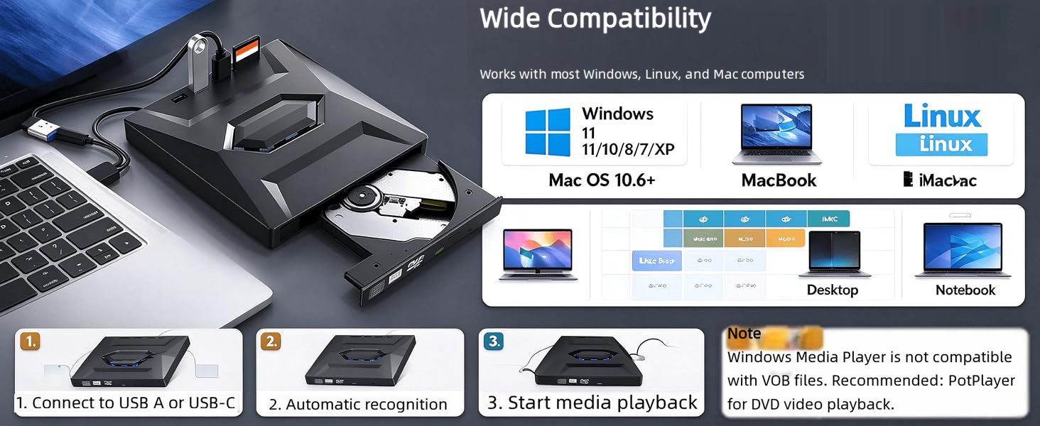Powered by USB A&C port, simply connect it to your laptop and the DVD drive will be recognized. You