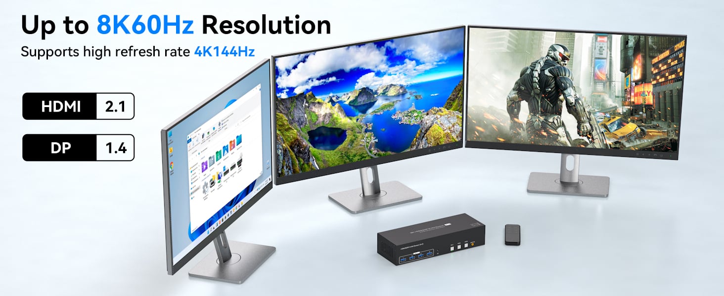 8K@60Hz 1 HDMI + 2 Displayport KVM Switch 3 PC 3 Monitors, 4K@144Hz Triple Monitor KVM Switch