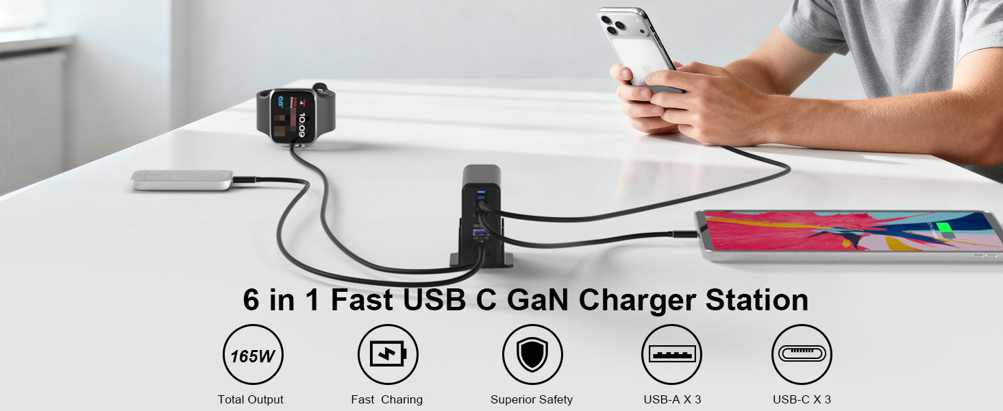 165W Charging Station, 6 Port Desktop Charger, 3 Ports 40W Black | Multi-Device Charger, 3 PD USB C