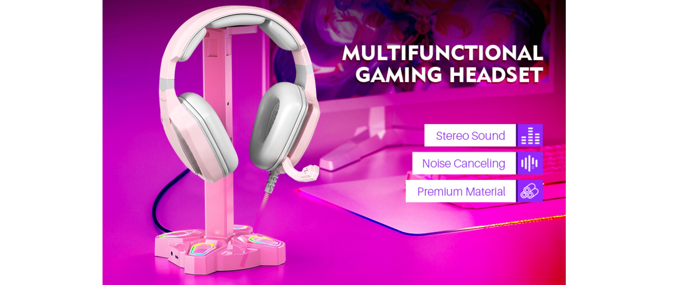 Pink gaming headset, stereo sound