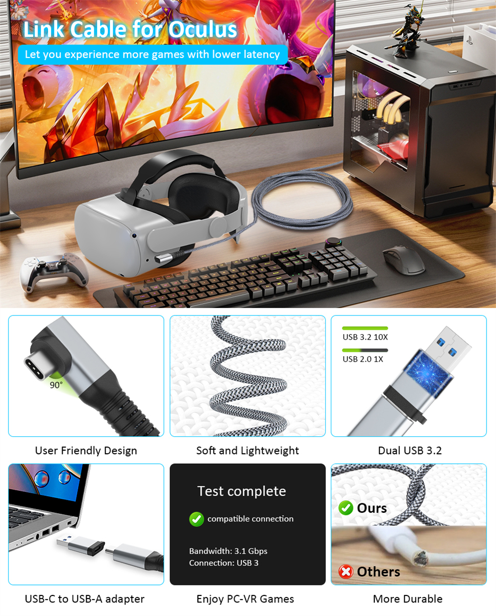 Compatible for Quest 3/2/Pico 4 Link Cable