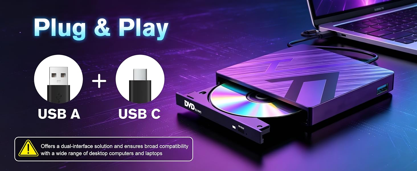7 in 1 External CD DVD Drive USB 3.0 Type-C Slim Portable Player CD DVD RW Burner Writer Reader with