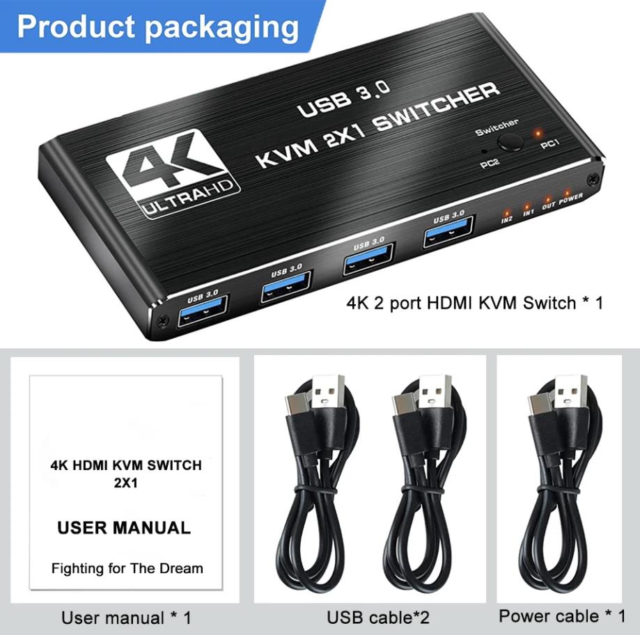 AUTYUE 2 Port HDMI KVM Switch 2 in 1 Out, 4 port - USB 3.0 HDMI KVM Switches 4K@60Hz for 2 Computers