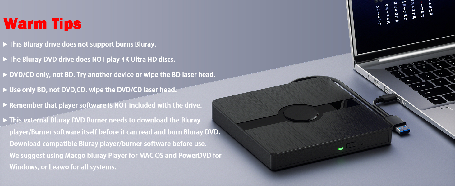 External Blu Ray Drive, USB 3.0 and Type-C Blu Ray Drive with Extension Data Cable, Portable Blu Ray