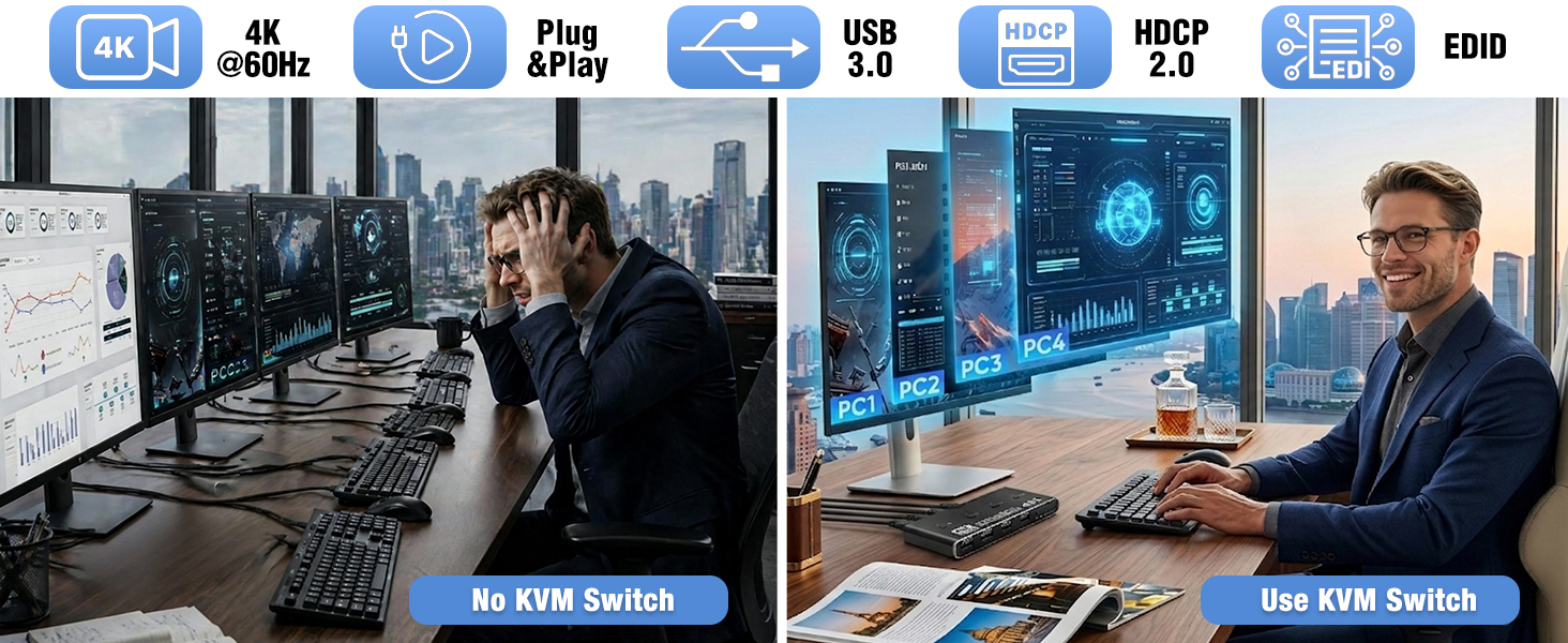 4 Port HDMI KVM Switch 1 Monitors 4 Computers - 4K@60Hz KVM Switcher with USB 2.0, 1 Keyboard 4 Comp