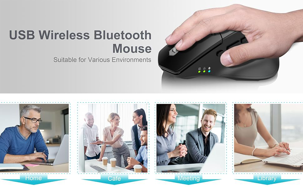 Multi-Device Wireless Bluetooth Mouse with Nano USB-A, USB-C Receiver Ergonomic Right Hand