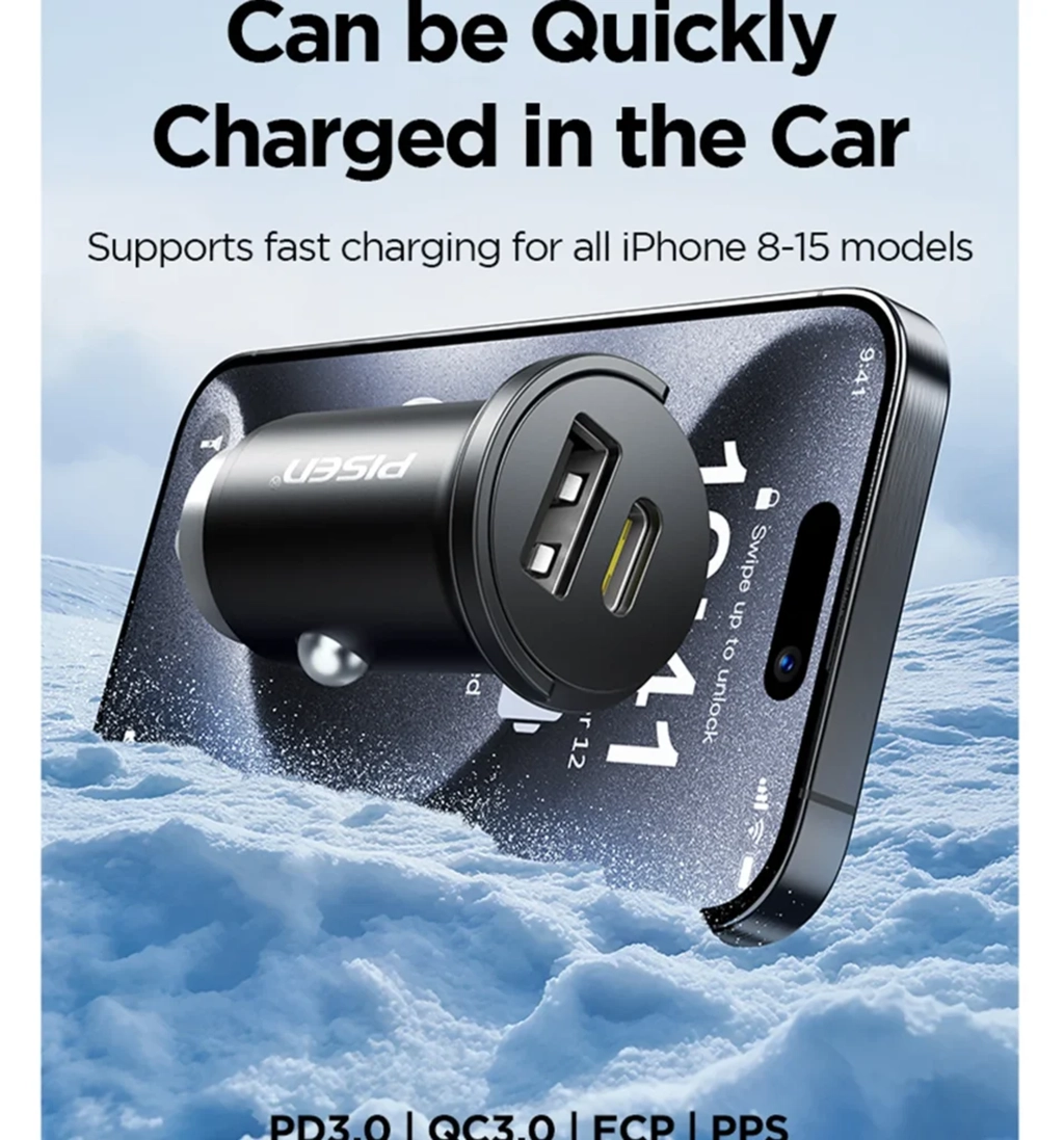 PISEN-Quick USB-C+USB-A 20W Mini Car Charger