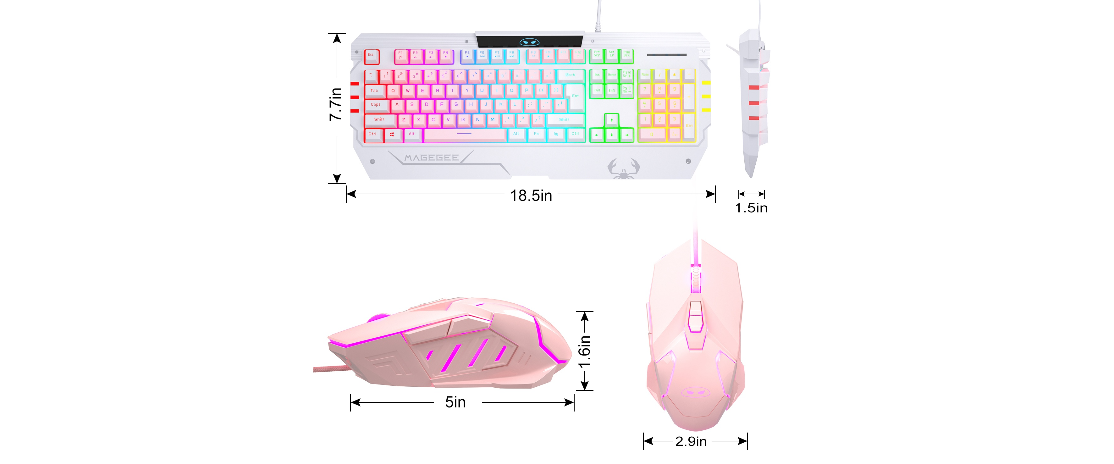 Pink white gaming keyboard mouse combo, RGB backlight, dimension mark, white background