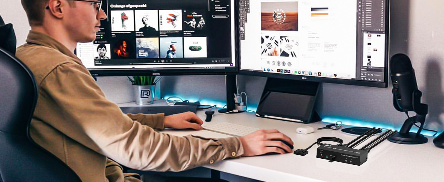 HDMI KVM Switch 2 Monitors 2 Computers Support 8K@60Hz 4K@60Hz, Dual Monitor KVM Switcher