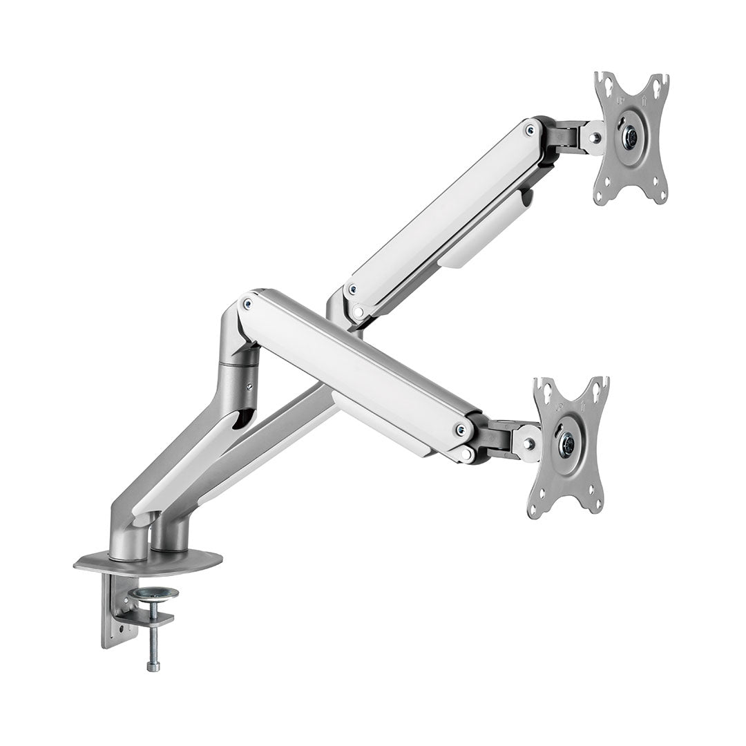 dual spring monitor arm, ergonomic two-screen desk mount, affordable adjustable VESA mount, budget d