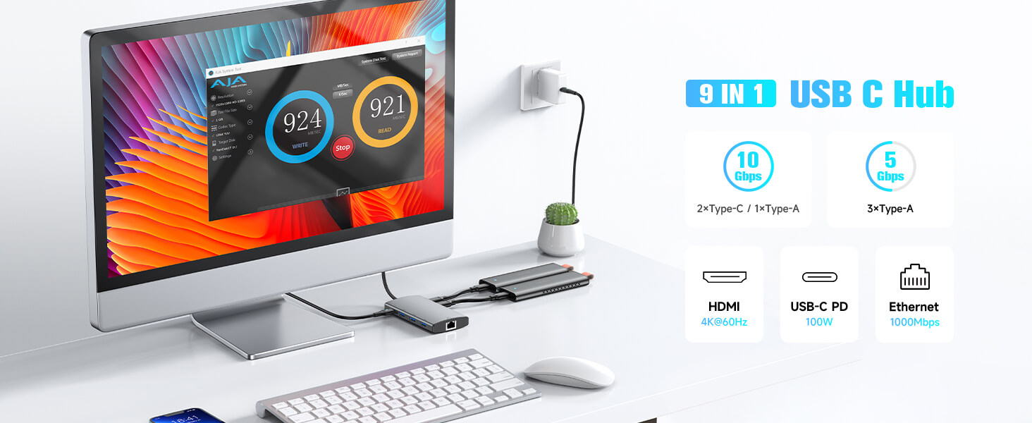 9-in-1 USB C Hub Multiport Adapter with 4K HDMI, 10Gbps USB-3.2 Ports(2C + 1A), 3 USB-3.0 5Gbps Data