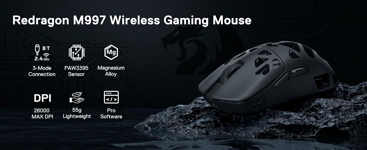Redragon M997 3-Mode Wireless Lightweight Gaming Mouse Remapping Keys | Magnesium Alloy Design, Cabl