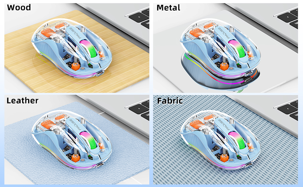 Optical motion detection technology allows the wireless mouse to be used on a variety of smooth surf