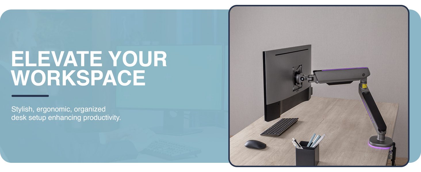 single monitor arm, LED monitor arm, RGB monitor arm, gaming monitor arm, VESA mount, ergonomic