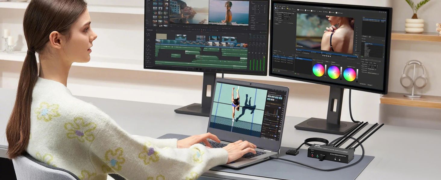 HDMI KVM Switch 2 Monitors 2 Computers Support 8K@60Hz 4K@60Hz, Dual Monitor KVM Switcher