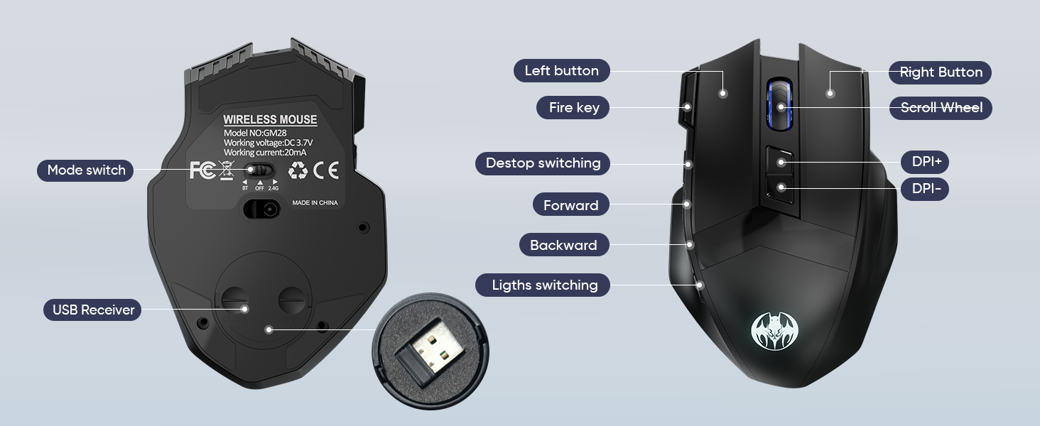 Wireless Gaming Mouse, Dual-Mode 2.4G/Bluetooth Wireless Mouse, Rechargeable PC Gaming Mice