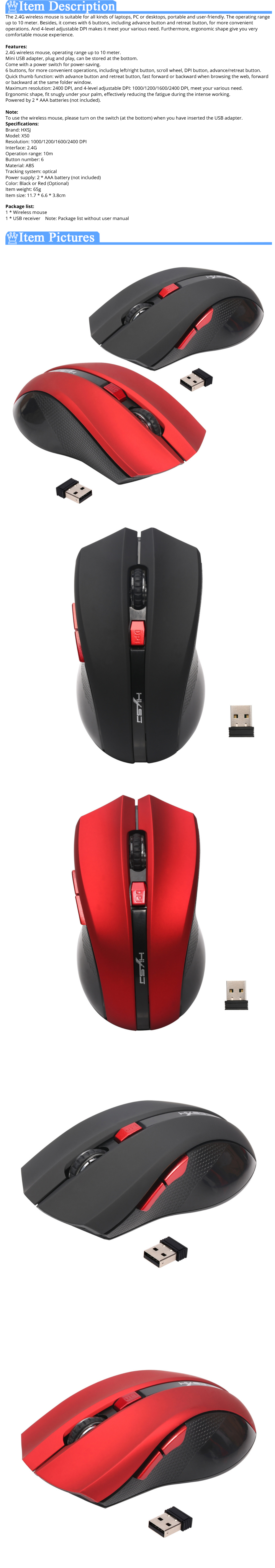 X50 2.4G Wireless USB Optical Gaming Mouse Game Mice 2,400 DPI for Laptop PC 