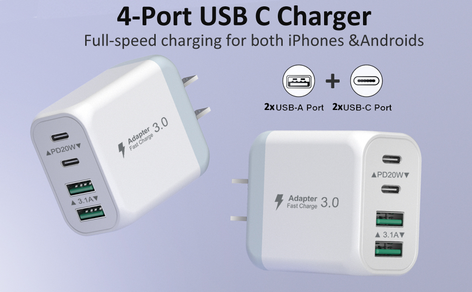 40W 4-Port USB C Wall Charger Specifications:  Port: 2*USB-C Port + 2*USB-A Port Input: 100-240V~50/