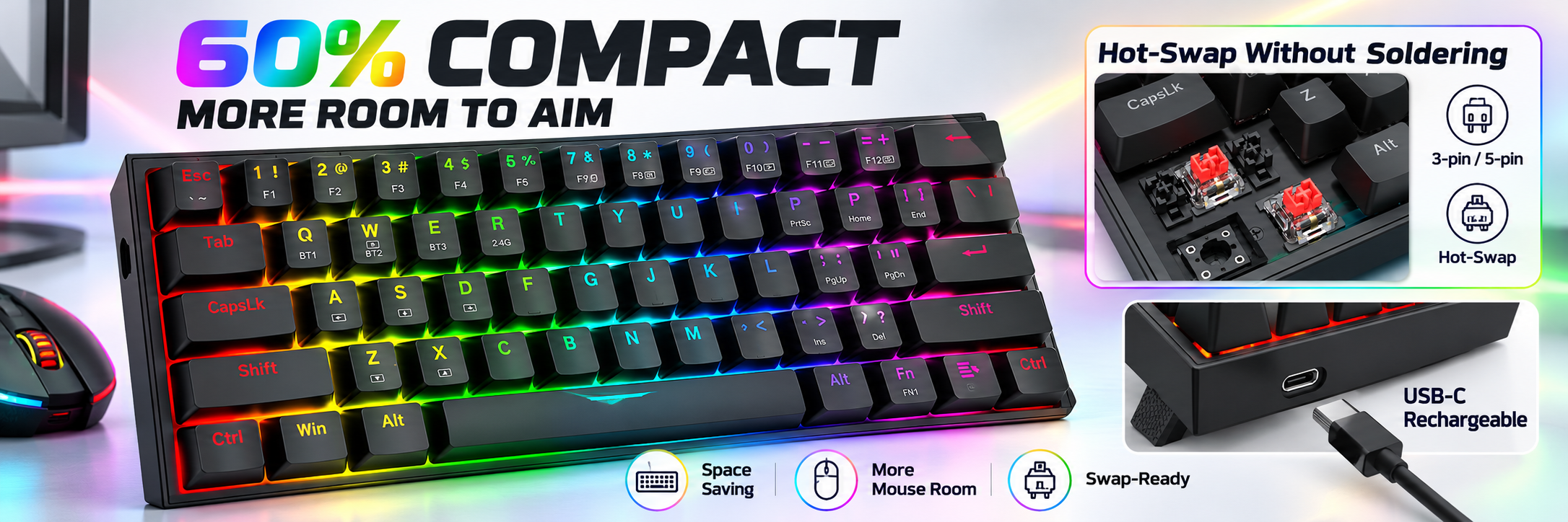 Redragon S144 Combo, K617 PRO 60% Wireless Gaming Keyboard + 7200 DPI Mouse