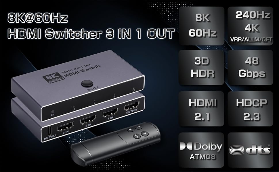 8K HDMI 2.1 Switch, HDMI 2.1 Switcher 3 In 1 Out Supports