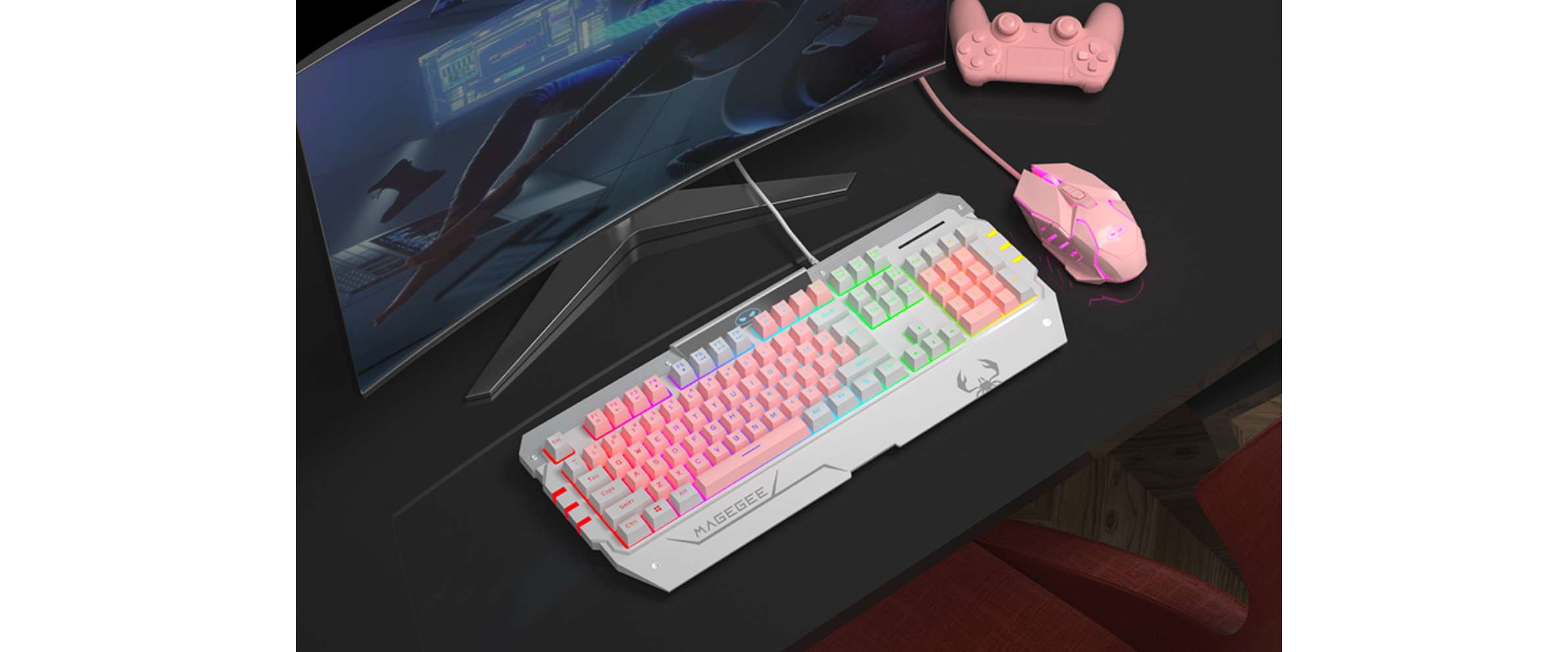 EACH pink keyboard mouse set, gaming desk setup, pc monitor, pink game controller