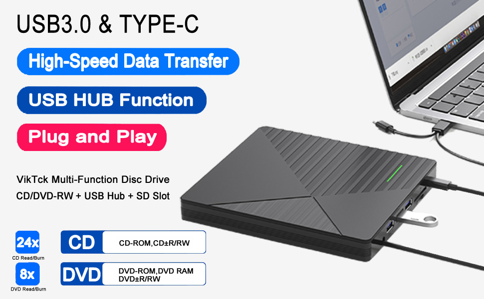 USB External CD/DVD Drive with USB Hub and SD/TF Slot