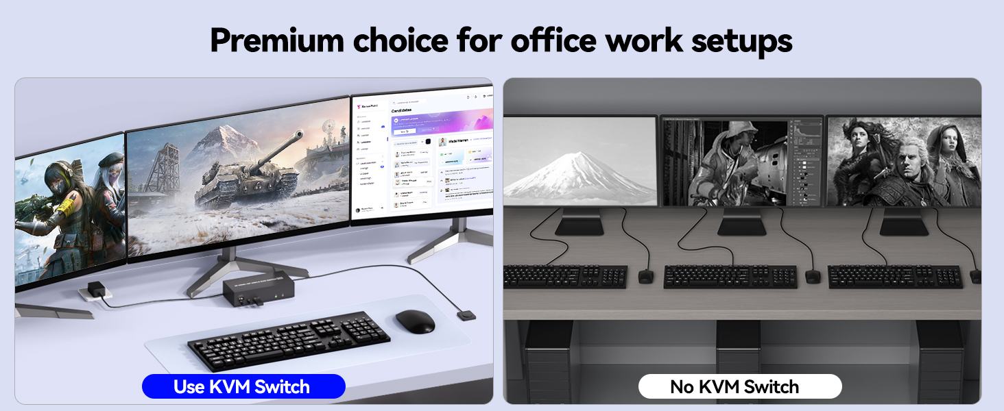 HDMI + DisplayPort 3 monitors KVM switch support physical button and wired control. You can press th