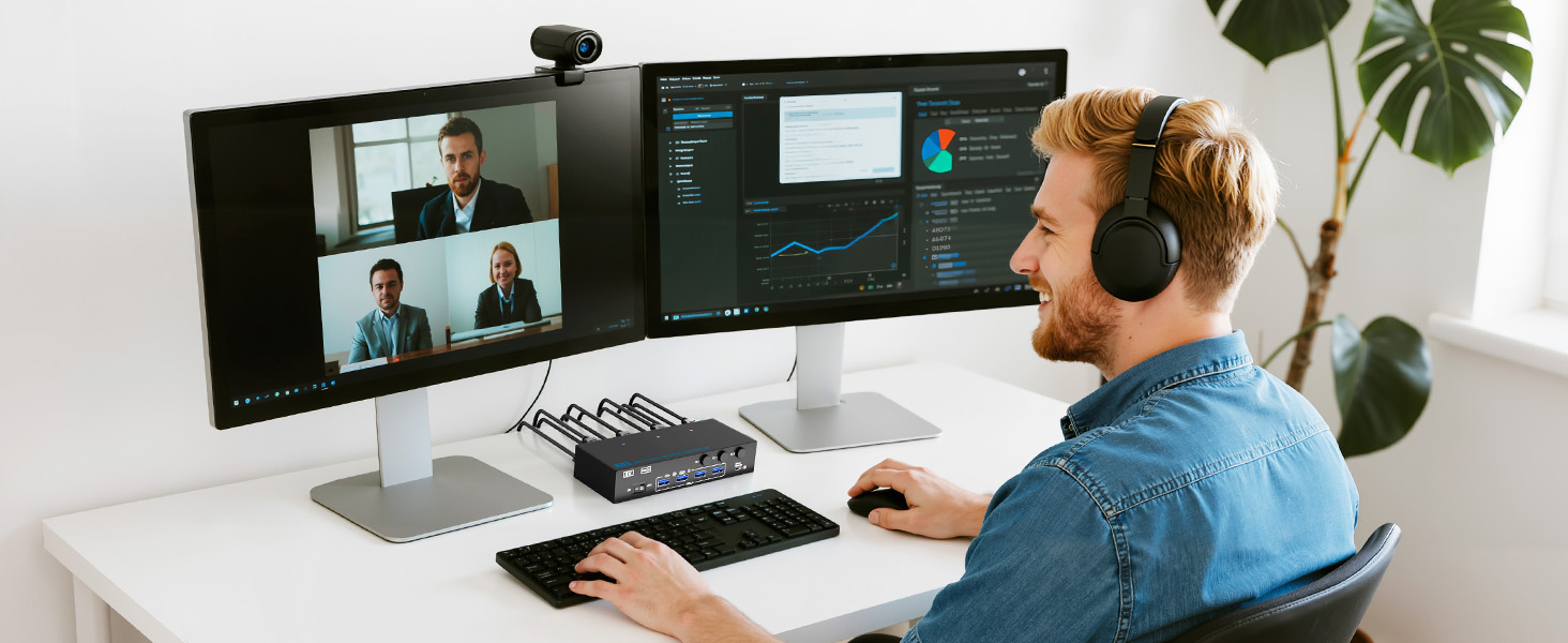 8K@60Hz KVM Switch 2 Monitors 3 Computers Displayport and HDMI 4K@144Hz, Dual Monitor KVM Switch 3 P