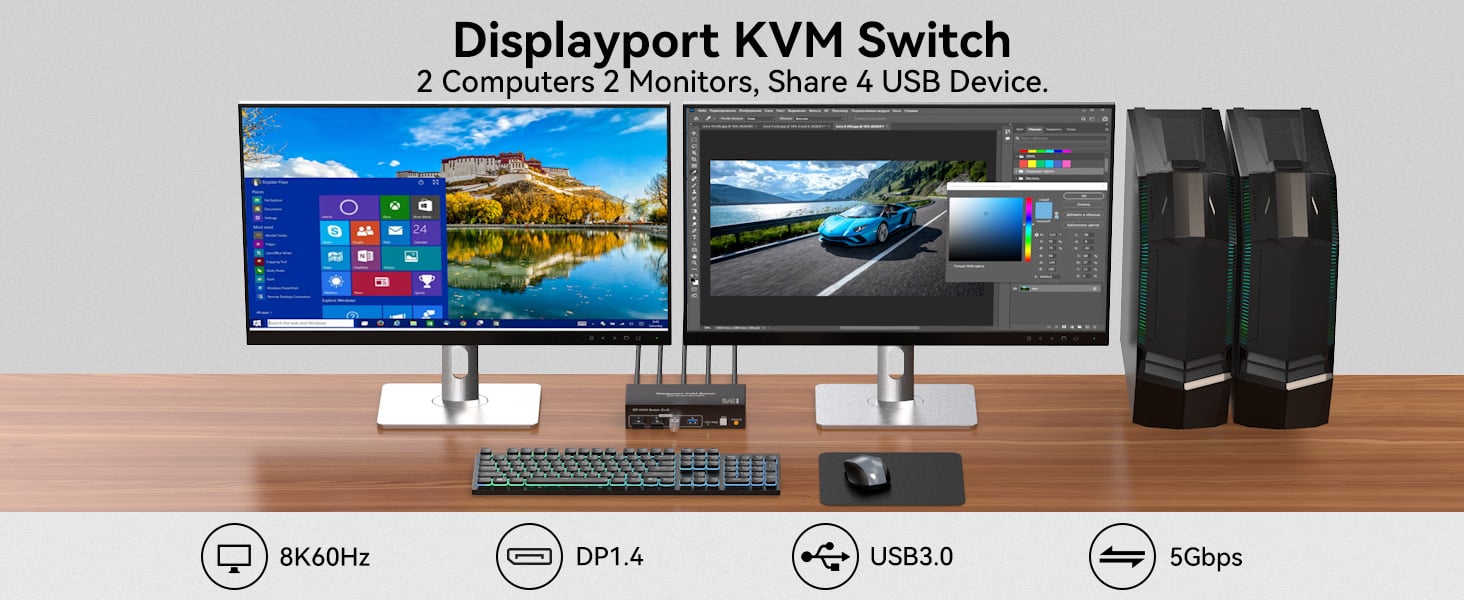 KVM Switch 2 Monitors 2 Computers