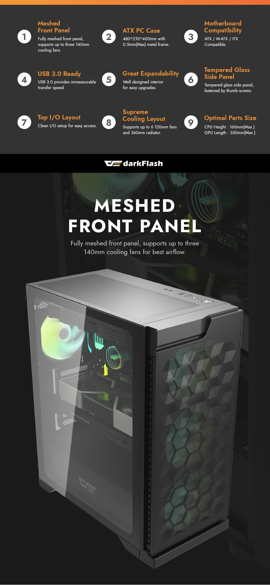 darkFlash DK361,ATX Mid-Tower Gaming Case,Hexagon Mesh High-Airflow Front,4× ARGB PWM Fans
