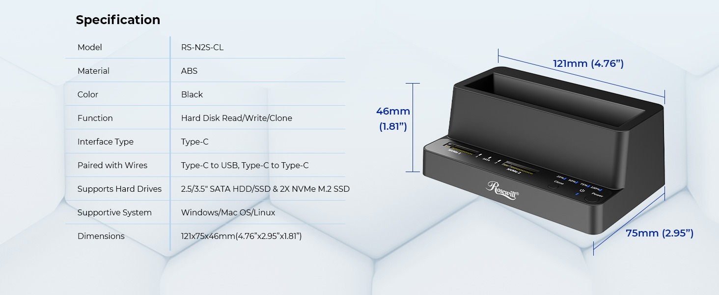 Rosewill RS-N2S-CL M.2 NVMe & SATA SSD / 2.5" & 3.5" HDD Hard Drive Cloner & Reader Docking Station