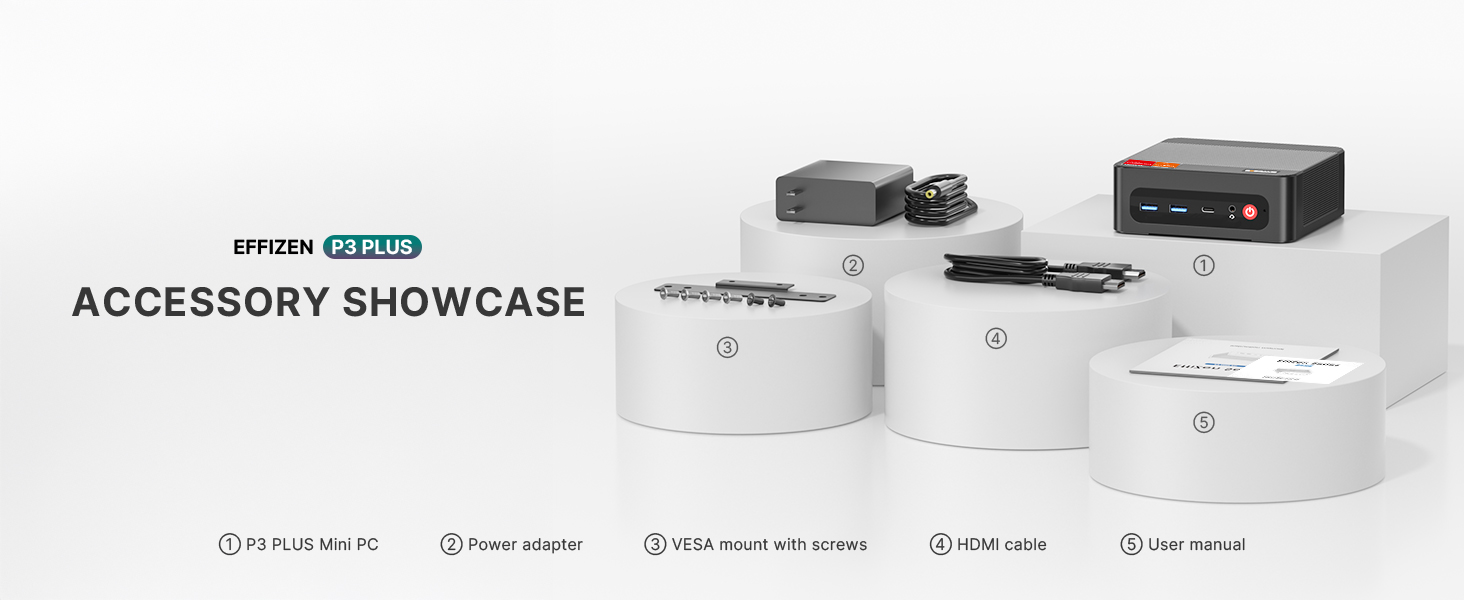 Mini PC Power adapter VESA mount with screws HDMI cable User manual