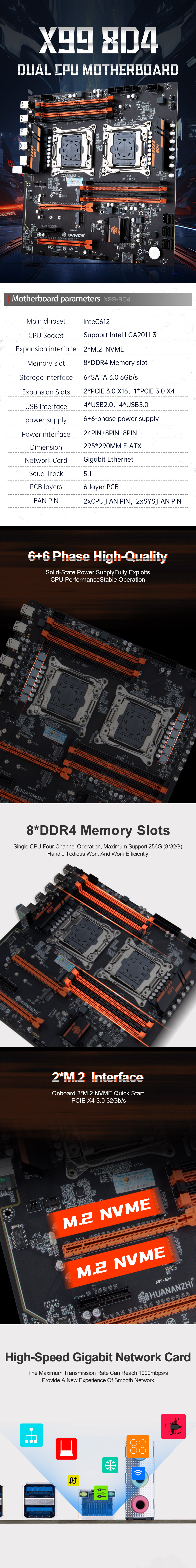 HUANANZHI X99 8D4 LGA 2011-3 Motherboard Dual CPU support E5