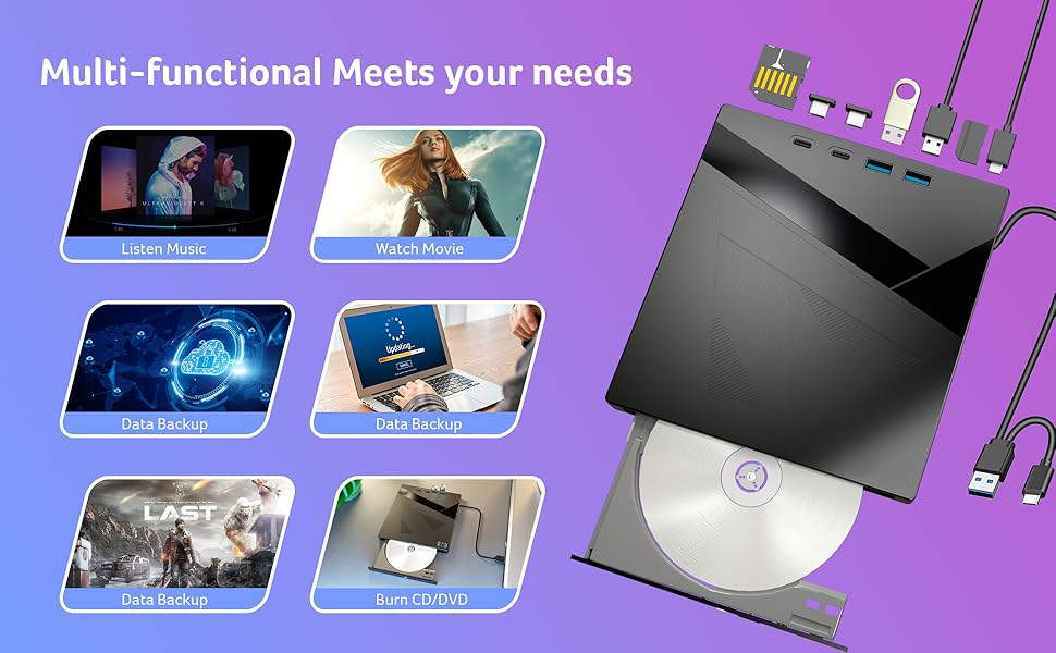 7 in 1 External DVD CD Drive USB 3.0 & Type-C Portable CD/DVD +/-RW Disk Drive, CD/DVD Burner