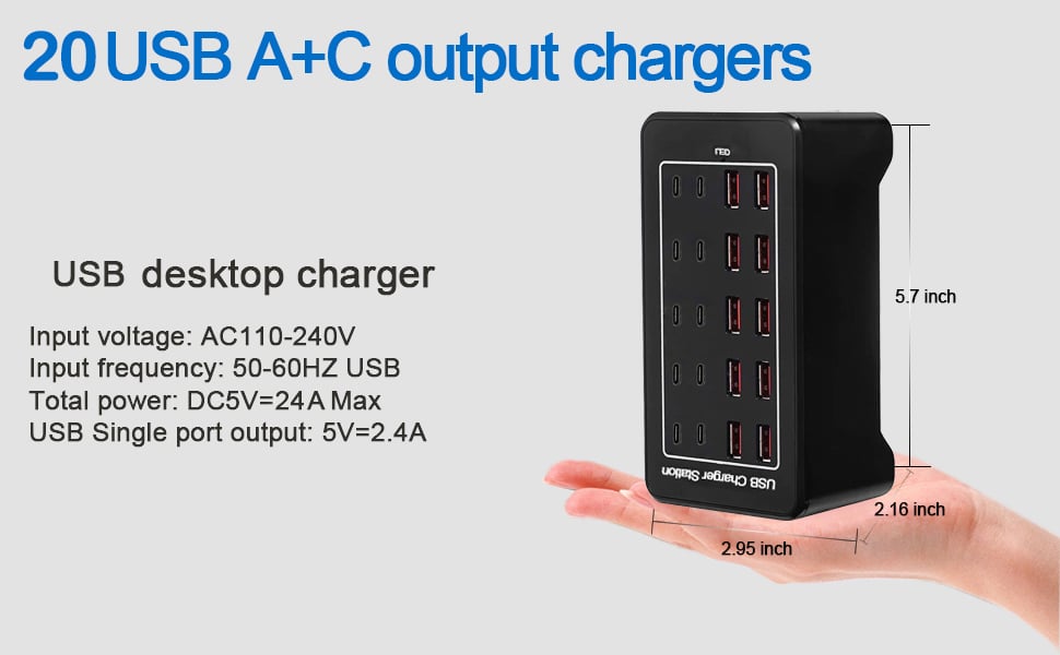 20 port usb charging Block station: Input voltage: AC110-240V Input frequency: 50-60Hz USB Total pow