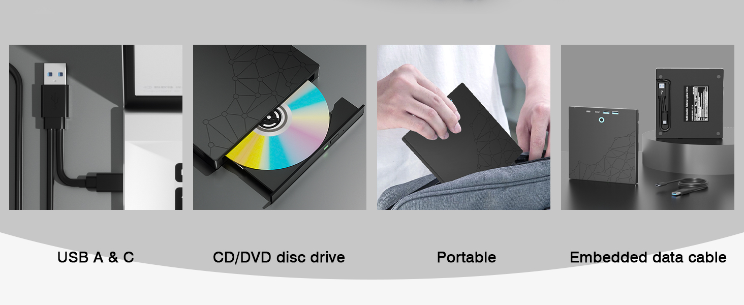 External CD/DVD Drive for Laptop, DVD Burner CD Reader, 7-in-1 USB 3.0 Type C Portable CD Players